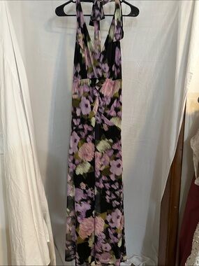 Floral Halter Maxi Dress in Black and Lavender